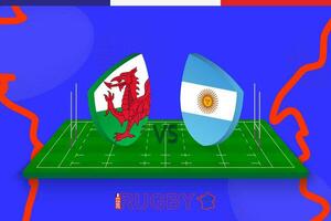 Rugby team Wales vs Argentina on rugby field. Rugby stadium on abstract background for Quarter-final of international championship. vector