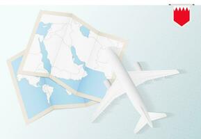 Travel to Bahrain, top view airplane with map and flag of Bahrain. vector