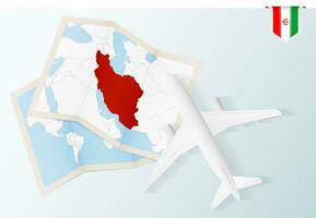 Travel to Iran, top view airplane with map and flag of Iran. vector