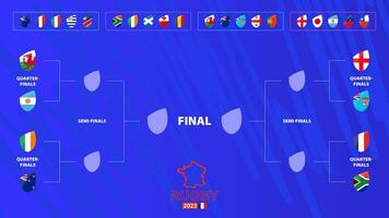 Rugby tournament bracket with flags of Quarter-final participants. Rugby competition 2023 schedule on abstract background. vector