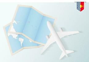 Travel to Kiribati, top view airplane with map and flag of Kiribati. vector