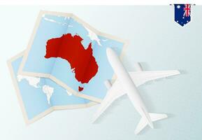 Travel to Australia, top view airplane with map and flag of Australia. vector