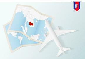 Travel to Cambodia, top view airplane with map and flag of Cambodia. vector