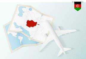 Travel to Afghanistan, top view airplane with map and flag of Afghanistan. vector