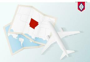 Travel to Arkansas, top view airplane with map and flag of Arkansas. vector