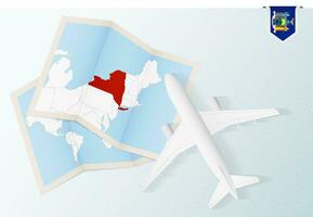 Travel to New York, top view airplane with map and flag of New York. vector