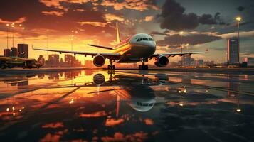 grande pasajero avión en el pista a puesta de sol. vacaciones viaje y vuelos concepto foto