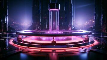 Abstract neon purple futuristic cylindrical round hi-tech platform stand photo