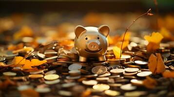 Pig piggy bank with gold coins. Concept money financial system investment and accumulation of wealth in banks photo