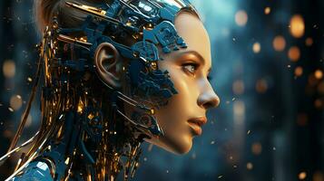 hermosa cara de un futurista de alta tecnología cyborg robot mujer. conectando hombre y computadora con artificial inteligencia en el futuro de humanidad foto