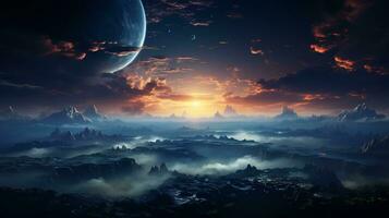 Beautiful surface of a distant alien planet with moon and mountains photo