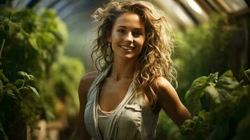 Beautiful young woman in a greenhouse or conservatory with green plants. Concept farming natural eco environmentally friendly products photo