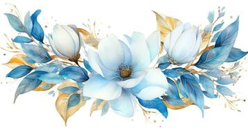 acuarela marco desde azul magnolia con oro hojas en blanco antecedentes. foto