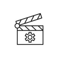 Gear on Clapper Board Isolated Line Icon. Perfect for web sites, apps, UI, internet, shops, stores. Simple image drawn with black thin line vector