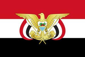 The official current flag and coat of arms of Republic of Yemen. State flag of Yemen. Illustration. photo