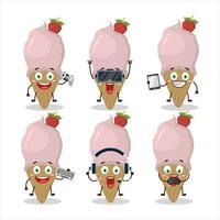 Ice cream strawberry cartoon character are playing games with various cute emoticons vector