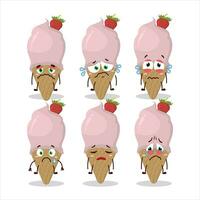 Ice cream strawberry cartoon character with sad expression vector