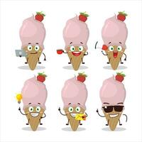 Ice cream strawberry cartoon character with various types of business emoticons vector