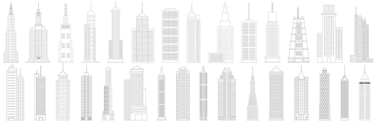 Big collection of doodle skyscrapers. Skyscrapers outline icons set. Business office buildings in doodle style. Vector illustraiton.