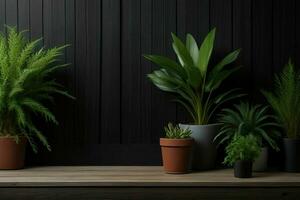 Wooden background with some plants natural scene. AI Generative Pro Photo