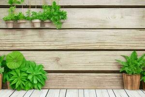 Wooden background with some plants natural scene. AI Generative Pro Photo