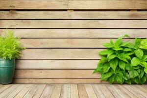 Wooden background with some plants natural scene. AI Generative Pro Photo