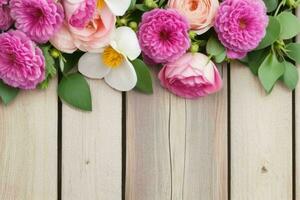 Wooden wall background with flowers natural scene. AI Generative Pro Photo