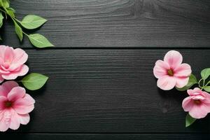 Wooden wall background with flowers natural scene. AI Generative Pro Photo