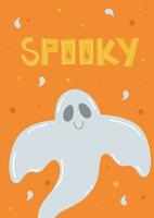 Happy halloween postcard with flying cute ghost. Spooky lettering. Vector party invitation for kids party