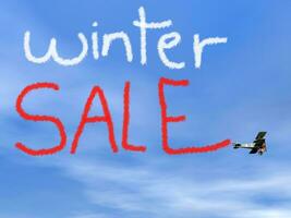 Winter sale message from biplan smoke - 3D render photo