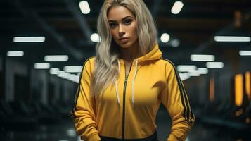 Beautiful woman in a yellow suit in a black fitness room or gym photo