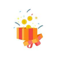 surprise open gift box with pink ribbon, confetti and coins vector illustration