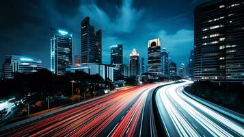 AI Generated Time lapse photography of a busy road nighttime in Jakarta. Long Exposure Photography. Blurred cars light trails. Motion blur. photo