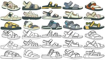 Strap sandals coloring drawing vector, strap sandals drawn in a sketch style, bundling strap sandals template full color, vector Illustration.