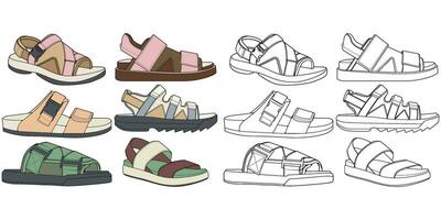 Strap sandals coloring drawing vector, strap sandals drawn in a sketch style, bundling strap sandals template full color, vector Illustration.