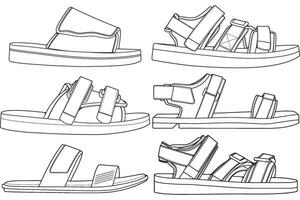 Strap sandals outline drawing vector, strap sandals drawn in a sketch style, bundling strap sandals template outline, vector Illustration.