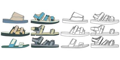 Strap sandals coloring drawing vector, strap sandals drawn in a sketch style, bundling strap sandals template full color, vector Illustration.