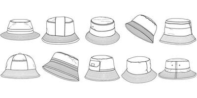 set of bucket hat outline drawing vector, bucket hat in a sketch style,  template outline for training, vector Illustration.