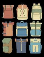 Hand drawn colorfull Vector Set of Backpacks. Cartoon Casual Backpack, cool backpack colorfull. Backpacks Vector illustration.