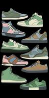 Set of shoes sneaker drawing vector, Sneakers drawn in a sketch style, bundling sneakers trainers template, vector Illustration.