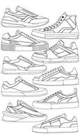 conjunto de Zapatos zapatilla de deporte contorno dibujo vector, zapatillas dibujado en un bosquejo estilo, empaquetar zapatillas entrenadores modelo describir, vector ilustración.