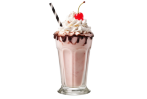 AI Generated milkshake drink topped with whipped cream and syrup on a transparent background. png