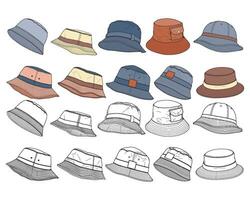 Bundle set bucket hat color block vector, set bucket hat in a full color style, trainers template outline, vector Illustration.