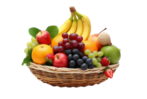 ai gegenereerd fruit inclusief sinaasappelen, appels, druiven, bananen zijn in een rieten mand. png