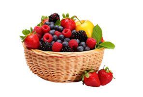 AI Generated Fruits including oranges, apples, grapes, bananas are in a wicker basket. png