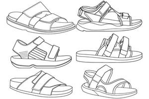 Strap sandals outline drawing vector, strap sandals drawn in a sketch style, bundling strap sandals template outline, vector Illustration.