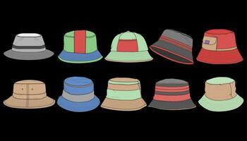 Bundle set bucket hat color block vector, set bucket hat in a full color style, trainers template outline, vector Illustration.