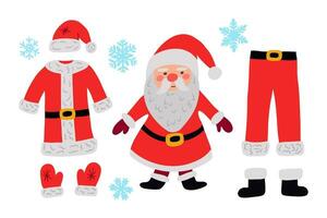 Set of Santa Claus Christmas clothes in hand drawn style. Vector isolated funny holiday cartoon character and set of bright colored clothes on white background. Good for Christmas decoration, stickers