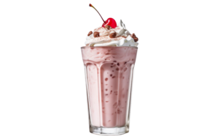 AI Generated milkshake drink topped with whipped cream and syrup on a transparent background. png