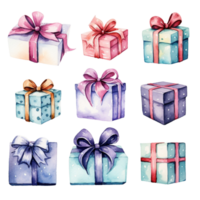 AI Generated Watercolor picture of gift boxes for Christmas and New Year festivals. png